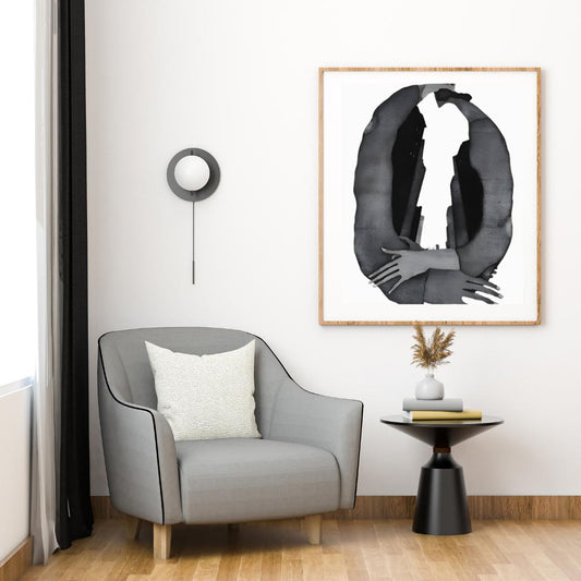Abstract Embrace and Urban Silhouette Art Print | Modern Black and White Surrealist Painting | Contemporary Wall Art for Minimalist Spaces - Social Canvas