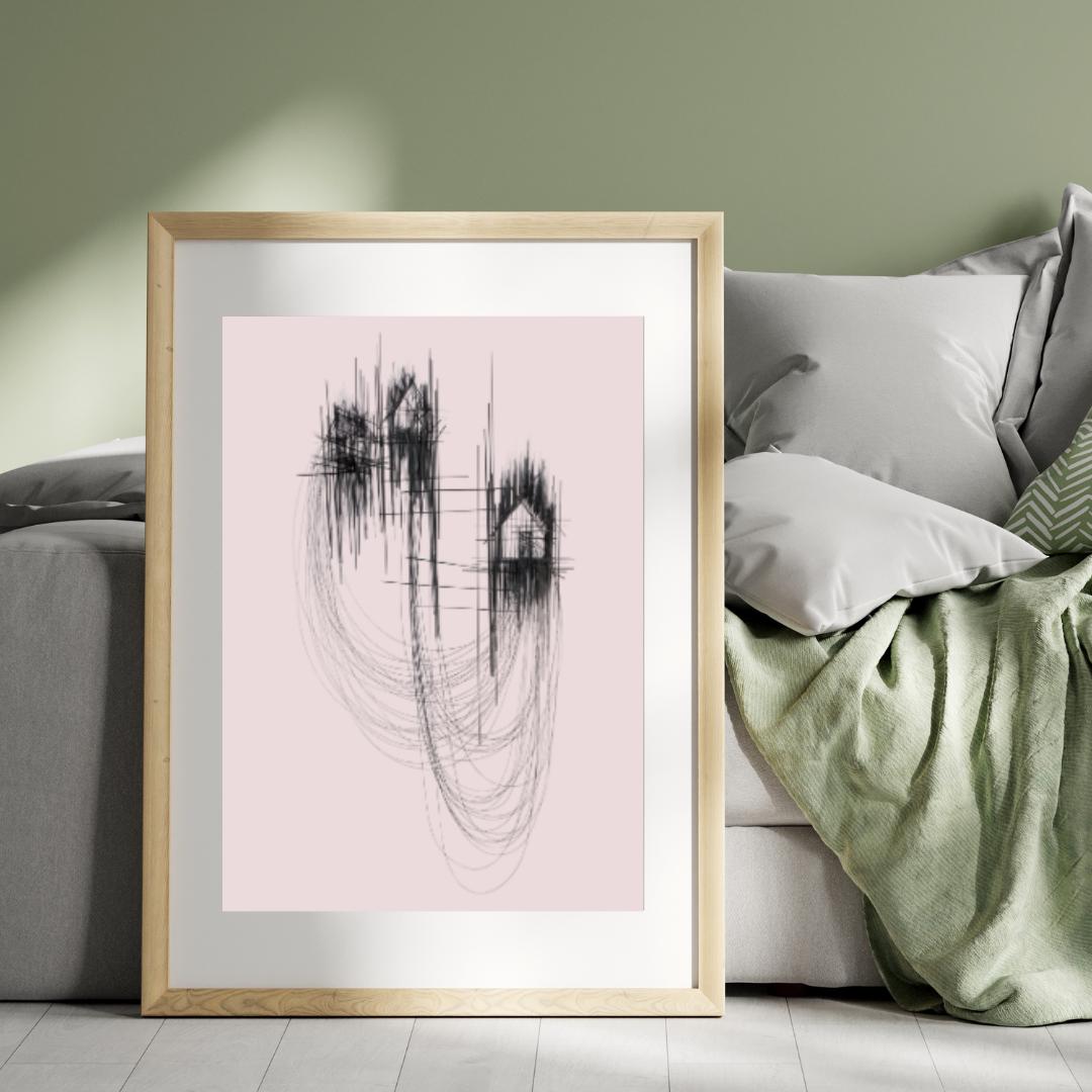 Minimalist Abstract Line Art | Black and Pink Modern Wall Art | Contemporary House Sketch Design for Home or Office Decor - Social Canvas