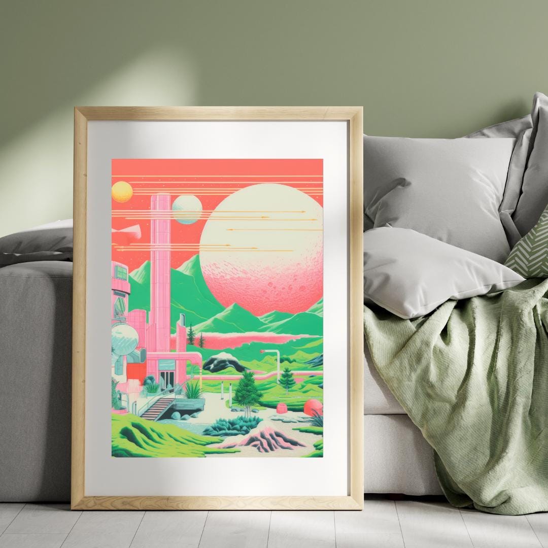 Retro Futuristic Landscape Art – Vibrant Sci-Fi Poster with Neon Planets and Cosmic Architecture - Social Canvas