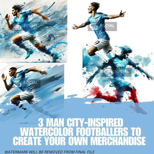 Man City-Inspired Watercolor Footballer Digital Art | Includes An Additional 3 Images | Printable Soccer Design for Commercial Use - Social Canvas