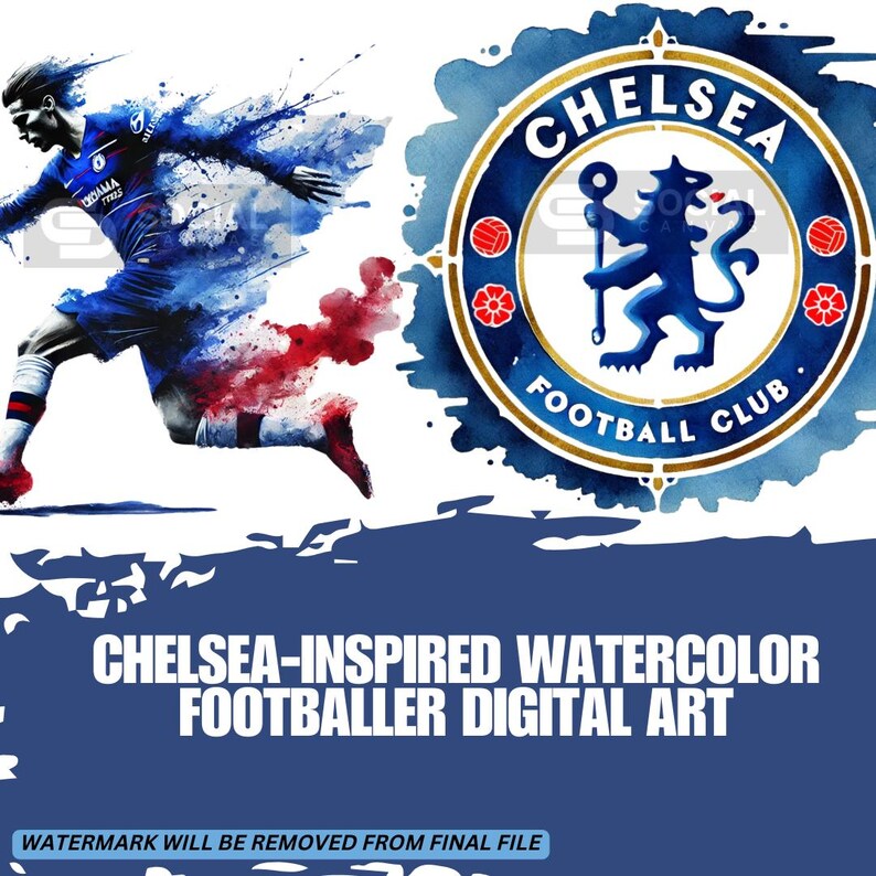 Chelsea-Inspired Watercolor Footballer Digital Art | Includes 4 Images | Printable Soccer Design for Commercial & Personal Use - Social Canvas