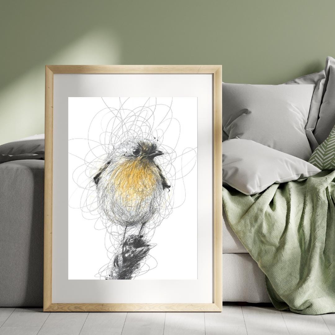 Whimsical Scribble Robin Artwork | Yellow and Black Bird Illustration | Minimalist Nature-Inspired Wall Art for Home Decor - Social Canvas