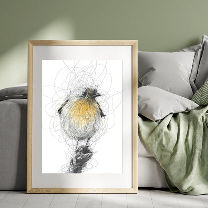 Whimsical Scribble Robin Artwork | Yellow and Black Bird Illustration | Minimalist Nature-Inspired Wall Art for Home Decor - Social Canvas