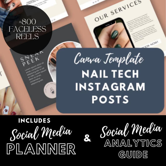 Nail Tech Social Media Canva Templates | Beauty Salon and Nail Artist | Social Media Planner, Analytics Guide | 800 Faceless Videos - Social Canvas