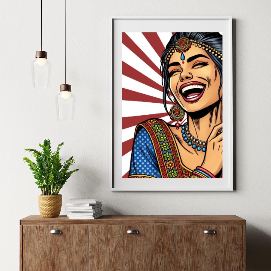 Vibrant Indian Woman Laughing | Pop Art Digital Print | Indian Pop Art Style Print | Bollywood Art - Free Bonus Prints - Social Canvas