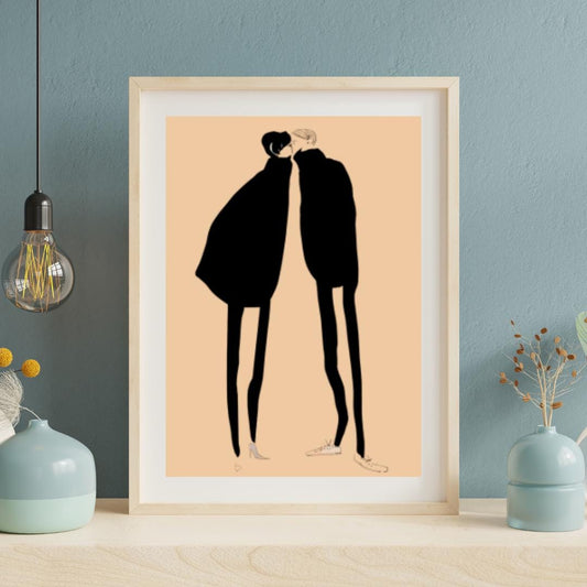 Modern Minimalist Couple Illustration | Abstract Romantic Wall Art | Black and Peach Contemporary Artwork for Home or Bedroom Decor - Social Canvas