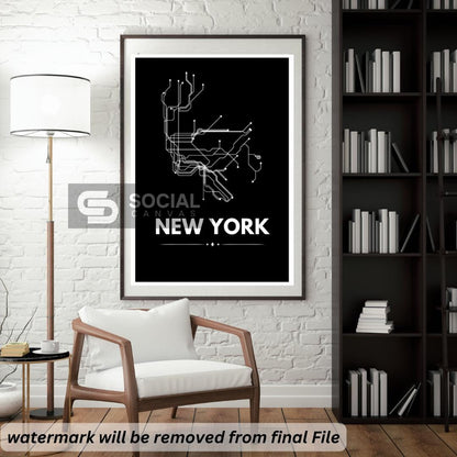 Modern 5 Subway Art Prints, New York, Paris, London, Berlin Minimalist Black and White City Map Poster, Contemporary Urban Wall Art - Social Canvas