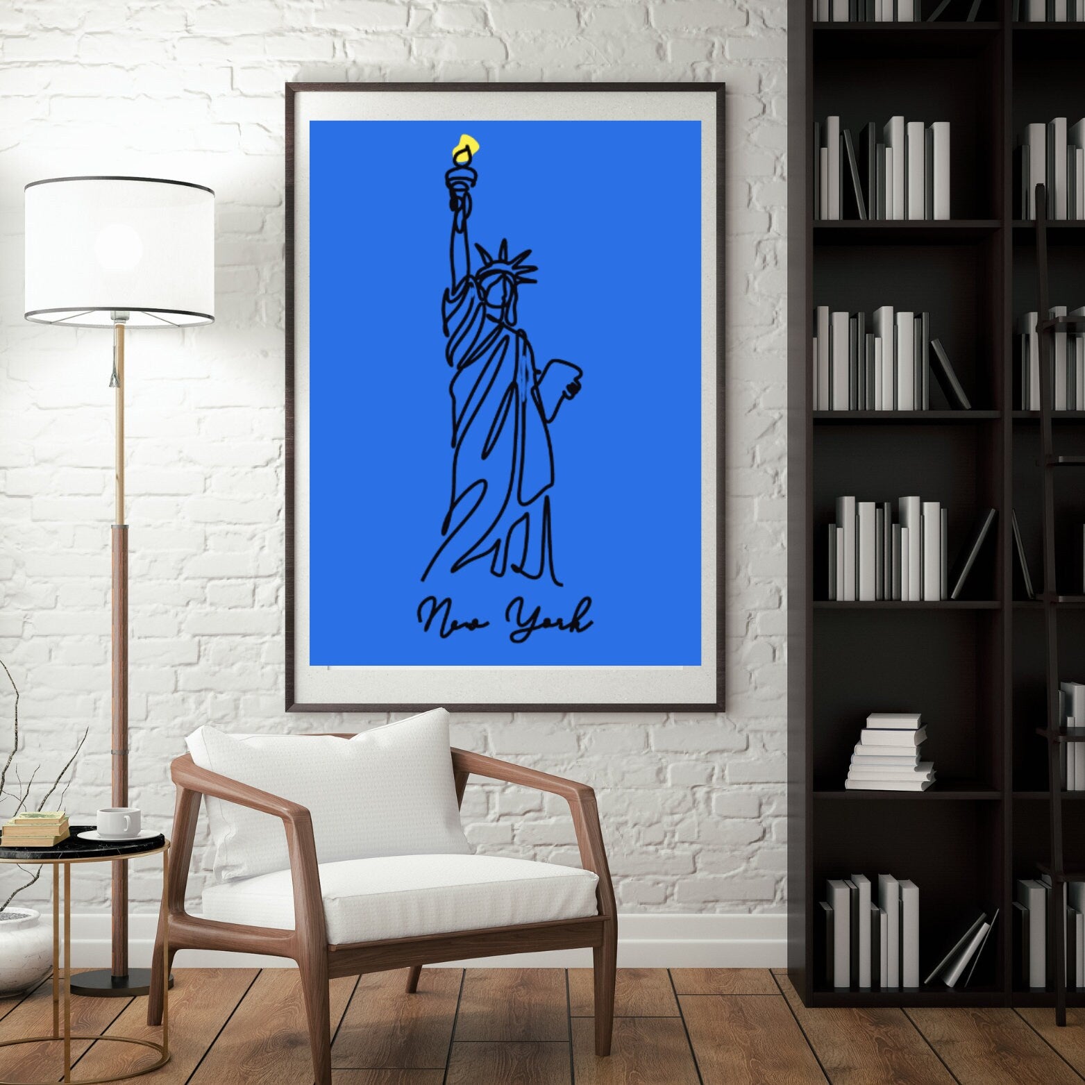 Statue of Liberty Line Art Print, Modern Minimalist New York Wall Art, Bold Blue and Yellow Poster, Digital Download - Social Canvas
