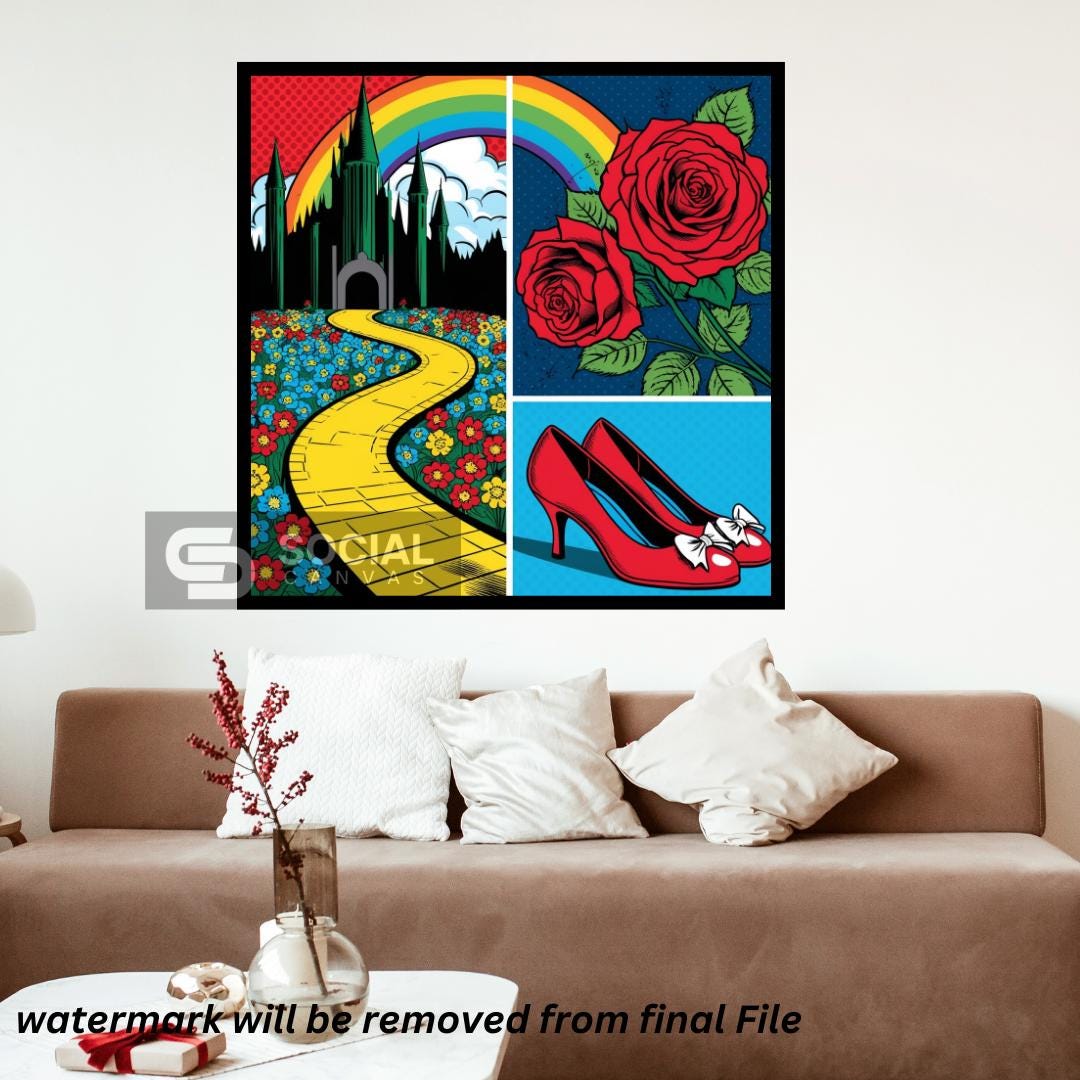Wizard of Oz Style Pop Art Poster - Yellow Brick Road & Ruby Slippers Wall Art | 300 DPI - Social Canvas