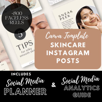 Skincare Social Media Canva Templates | Beauty & Esthetician Marketing Kit | Social Media Planner, Analytics Guide and 800 Faceless Videos - Social Canvas