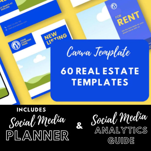 60 Real Estate Canva Templates | Just Listed, For Sale & Open House Graphics | Realtor Branding | Social Media Planner, Analytics Guide - Social Canvas