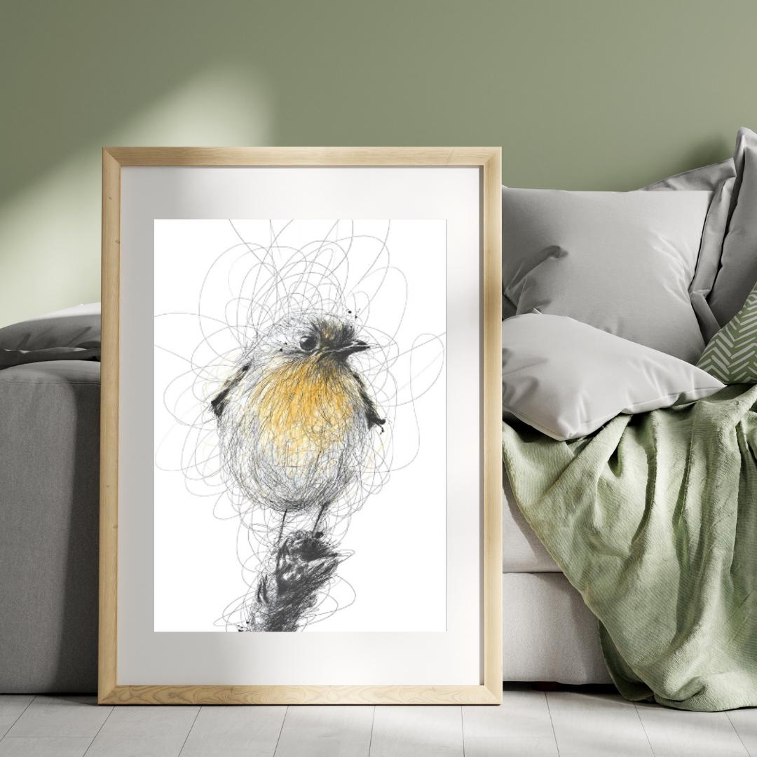 Whimsical Scribble Robin Artwork | Yellow and Black Bird Illustration | Minimalist Nature-Inspired Wall Art for Home Decor - Social Canvas