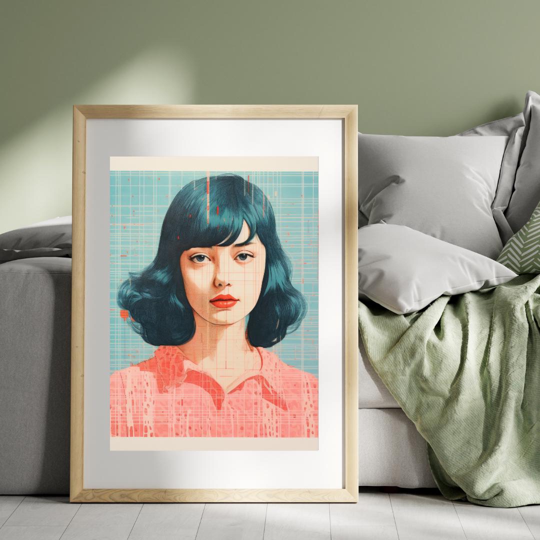 Retro Futuristic Female Portrait - Blue and Coral Abstract Art Print - Contemporary Wall Decor - Social Canvas