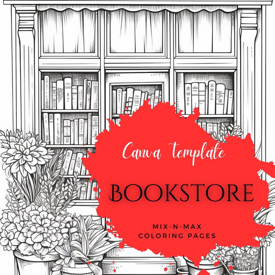 Bookstore Coloring Book | 26-Page Canva Template for Book Lovers & Creative Minds | Cozy Literary-Themed Coloring Pages | Digital Download - Social Canvas