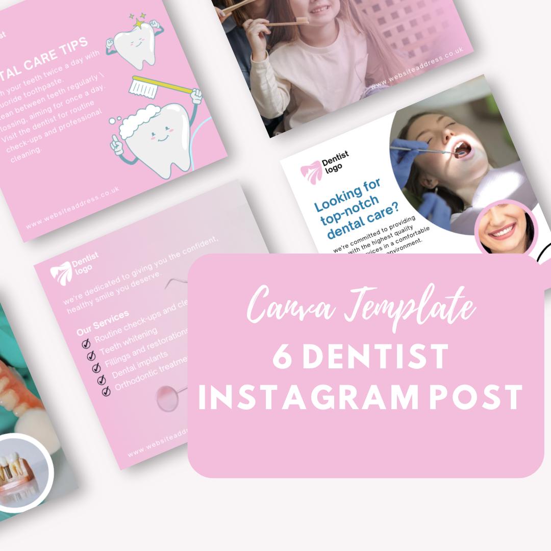 6 Dentist Instagram Post Templates | Canva Template Bundle for Dental Clinics & Oral Health Tips | Editable Social Media Graphics - Social Canvas