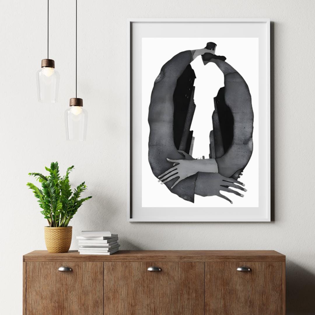 Abstract Embrace and Urban Silhouette Art Print | Modern Black and White Surrealist Painting | Contemporary Wall Art for Minimalist Spaces - Social Canvas