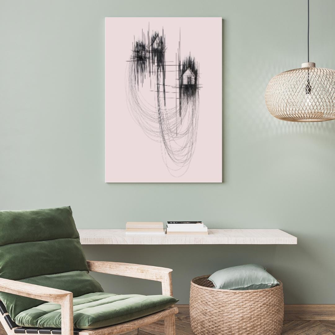 Minimalist Abstract Line Art | Black and Pink Modern Wall Art | Contemporary House Sketch Design for Home or Office Decor - Social Canvas