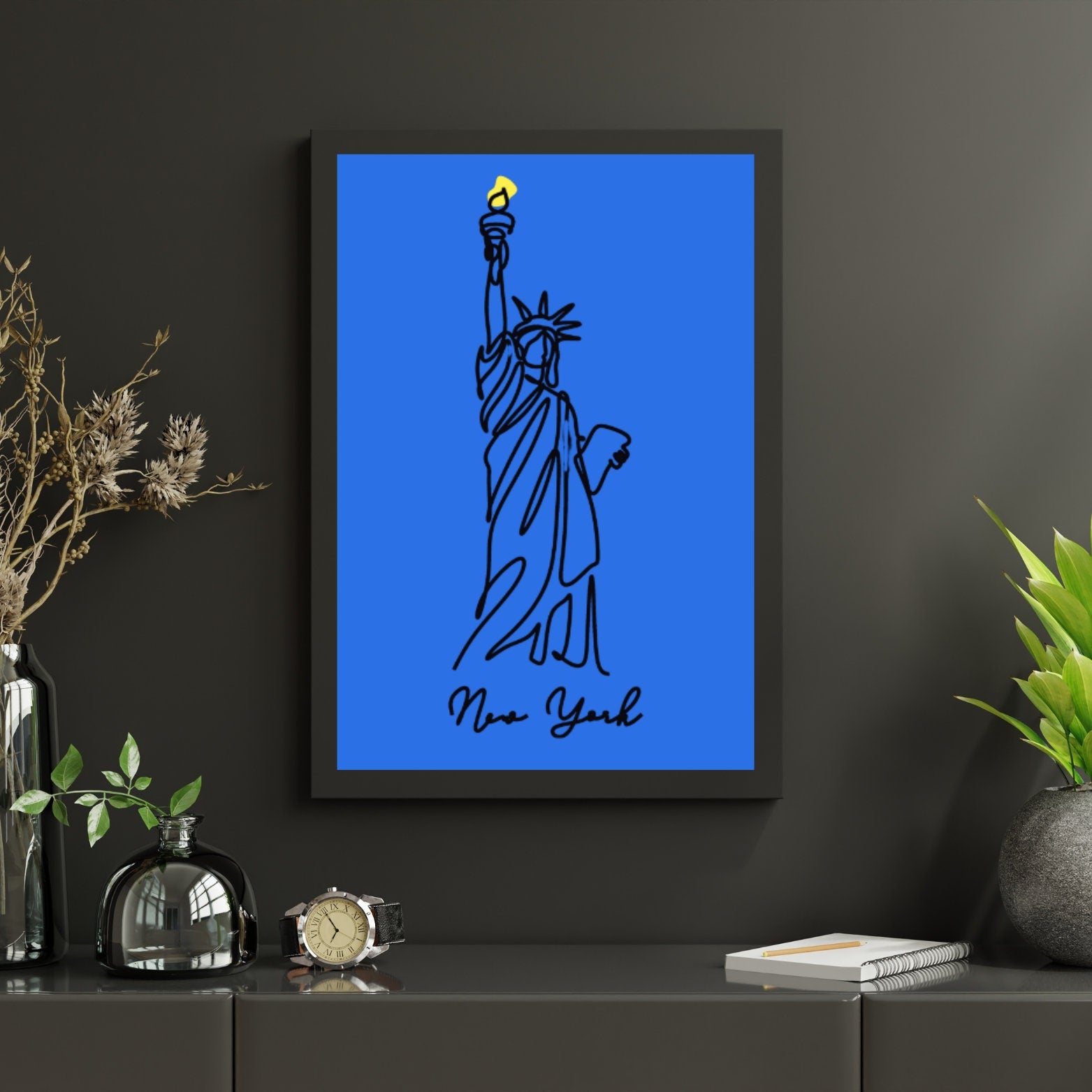 Statue of Liberty Line Art Print, Modern Minimalist New York Wall Art, Bold Blue and Yellow Poster, Digital Download - Social Canvas