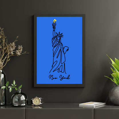 Statue of Liberty Line Art Print, Modern Minimalist New York Wall Art, Bold Blue and Yellow Poster, Digital Download - Social Canvas