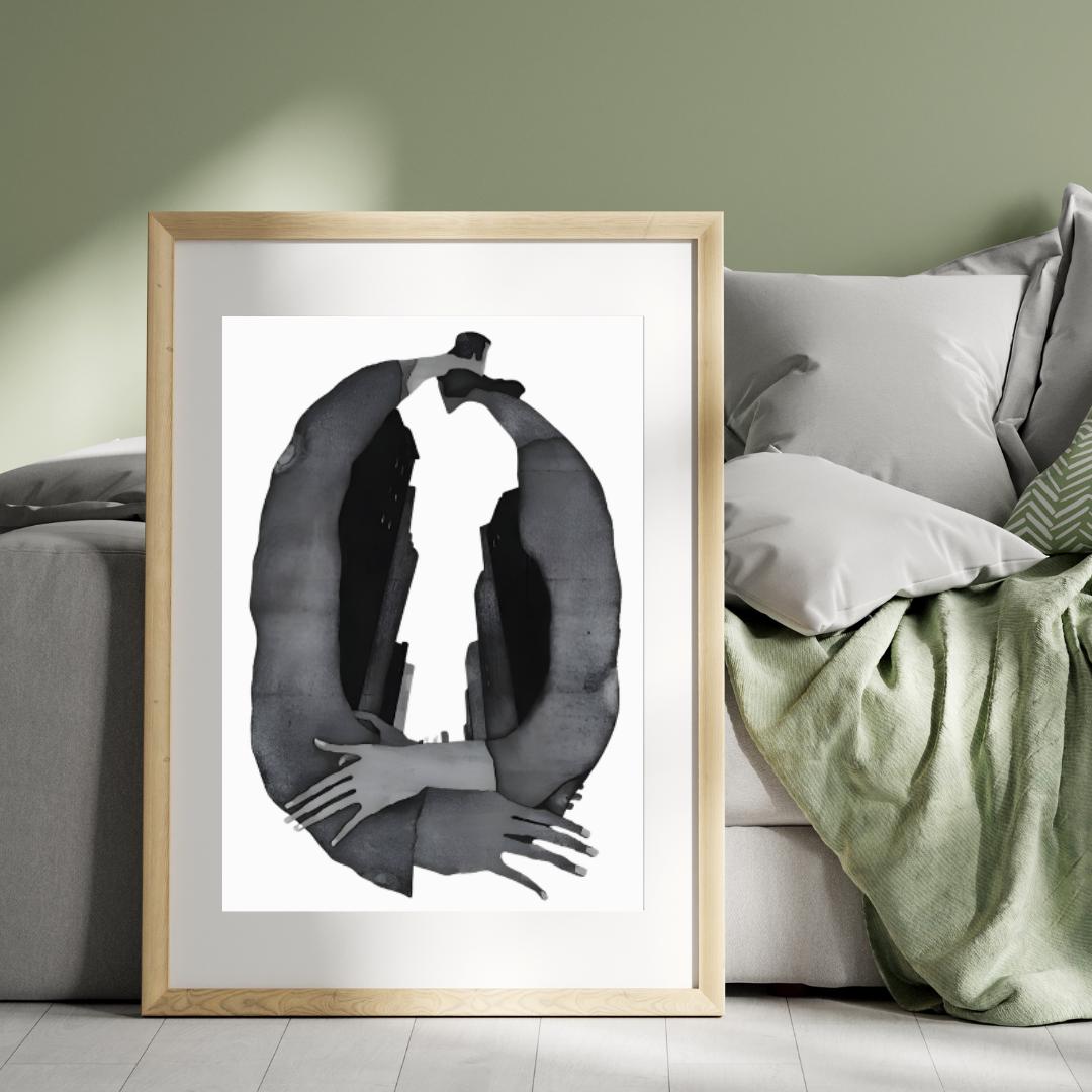 Abstract Embrace and Urban Silhouette Art Print | Modern Black and White Surrealist Painting | Contemporary Wall Art for Minimalist Spaces - Social Canvas