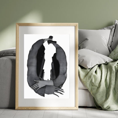 Abstract Embrace and Urban Silhouette Art Print | Modern Black and White Surrealist Painting | Contemporary Wall Art for Minimalist Spaces - Social Canvas
