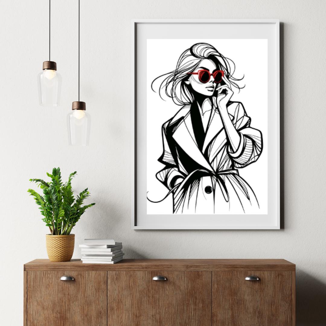 Fashion Icon Sketch - Minimalist Wall Art with Red Sunglasses | Contemporary Figure Line Art Poster Digital Download - Free Bonus Prints - Social Canvas