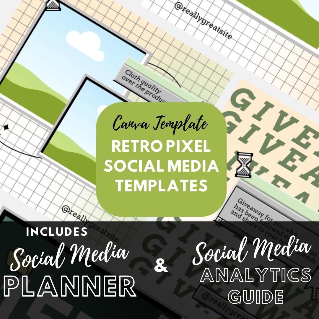 9 Retro Pixel Social Media Templates | Social Media Planner and Analytics Guide | Vintage Internet and 90s Computer Graphics - Social Canvas