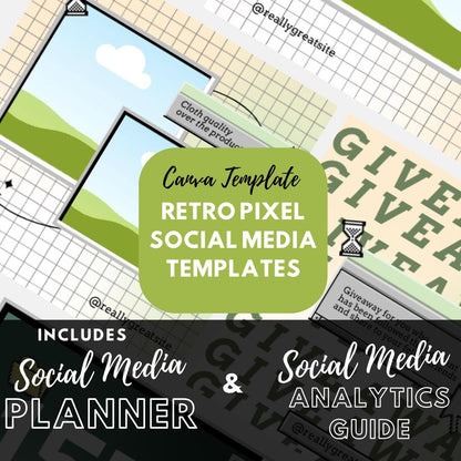 9 Retro Pixel Social Media Templates | Social Media Planner and Analytics Guide | Vintage Internet and 90s Computer Graphics - Social Canvas