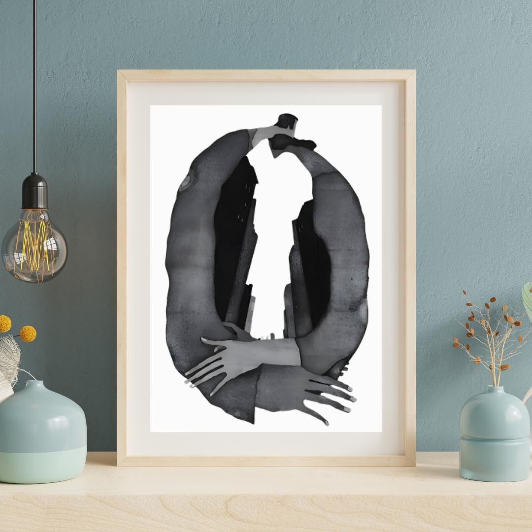 Abstract Embrace and Urban Silhouette Art Print | Modern Black and White Surrealist Painting | Contemporary Wall Art for Minimalist Spaces - Social Canvas