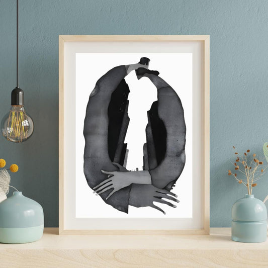 Abstract Embrace and Urban Silhouette Art Print | Modern Black and White Surrealist Painting | Contemporary Wall Art for Minimalist Spaces - Social Canvas
