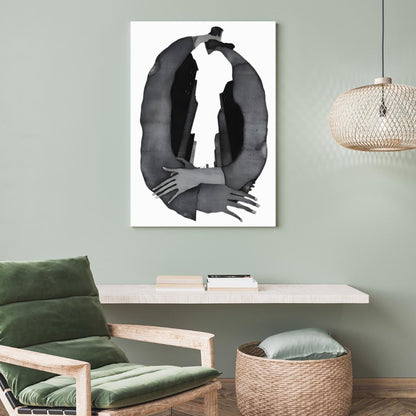 Abstract Embrace and Urban Silhouette Art Print | Modern Black and White Surrealist Painting | Contemporary Wall Art for Minimalist Spaces - Social Canvas