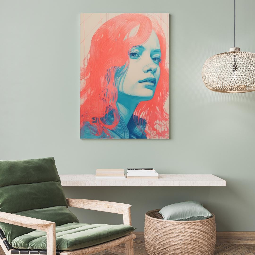 Modern Pop Art Portrait - Vibrant Coral and Aqua Female Illustration - Abstract Wall Decor - Social Canvas