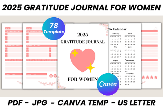 2025 Gratitude Journal for Women – Editable Canva Template for Self-Care & Reflection (MRR) - Social Canvas