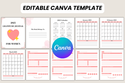 2025 Gratitude Journal for Women – Editable Canva Template for Self-Care & Reflection (MRR) - Social Canvas