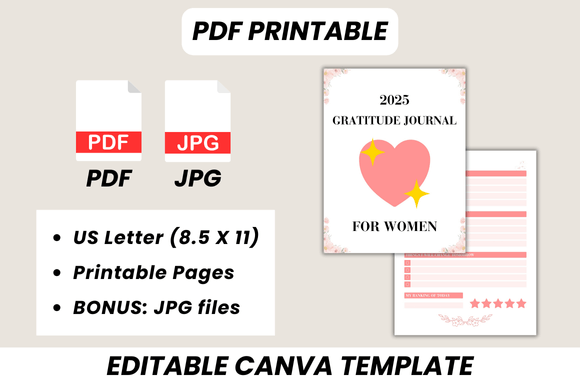 2025 Gratitude Journal for Women – Editable Canva Template for Self-Care & Reflection (MRR) - Social Canvas