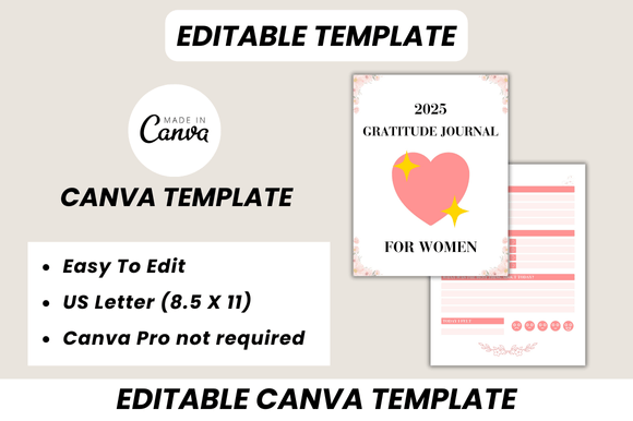 2025 Gratitude Journal for Women – Editable Canva Template for Self-Care & Reflection (MRR) - Social Canvas