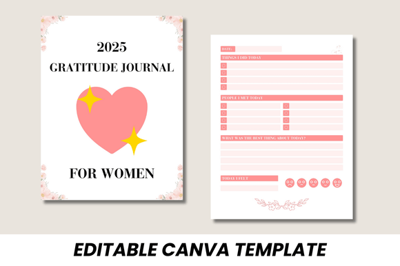 2025 Gratitude Journal for Women – Editable Canva Template for Self-Care & Reflection (MRR) - Social Canvas