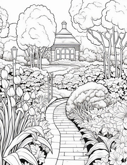 English Garden Coloring Book | 25-Page Canva Template for Relaxation and Mindfulness | Beautiful Floral and Garden-Themed Pages - Social Canvas