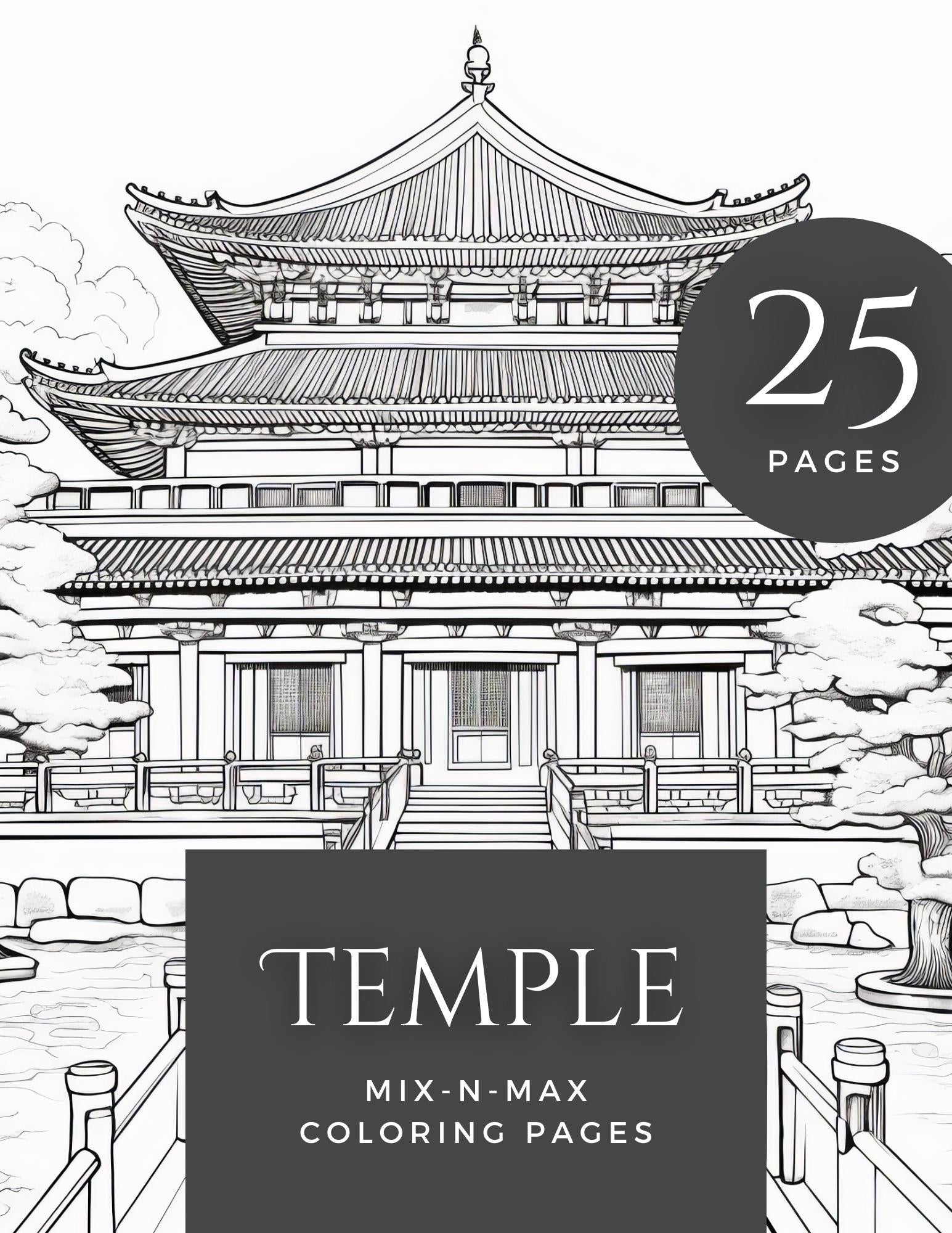 Temple Coloring Book | 25-Page Canva Template with Sacred Architecture Designs | Spiritual & Cultural Landmark Coloring Pages - Social Canvas