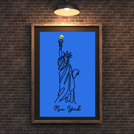 Statue of Liberty Line Art Print, Modern Minimalist New York Wall Art, Bold Blue and Yellow Poster, Digital Download - Social Canvas
