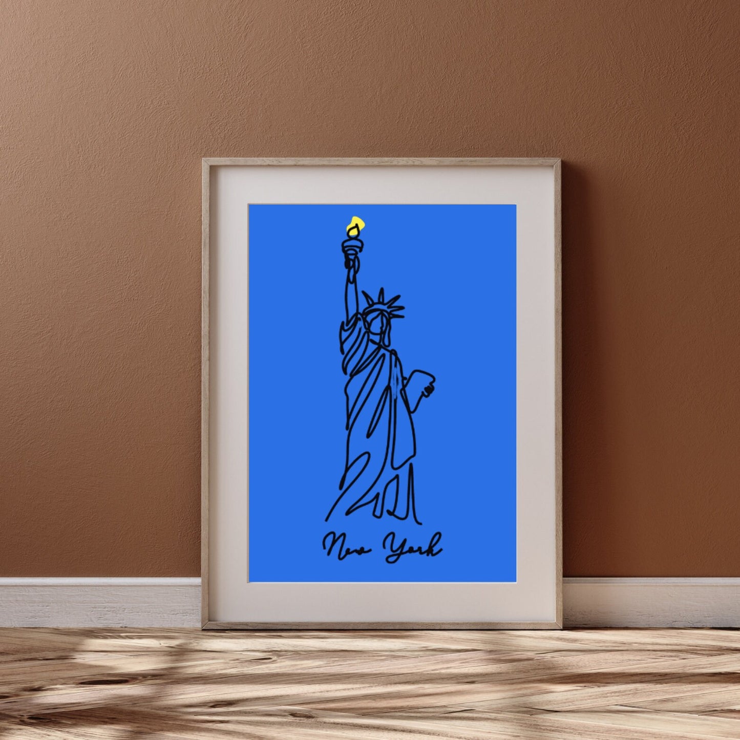 Statue of Liberty Line Art Print, Modern Minimalist New York Wall Art, Bold Blue and Yellow Poster, Digital Download - Social Canvas