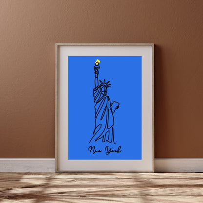 Statue of Liberty Line Art Print, Modern Minimalist New York Wall Art, Bold Blue and Yellow Poster, Digital Download - Social Canvas