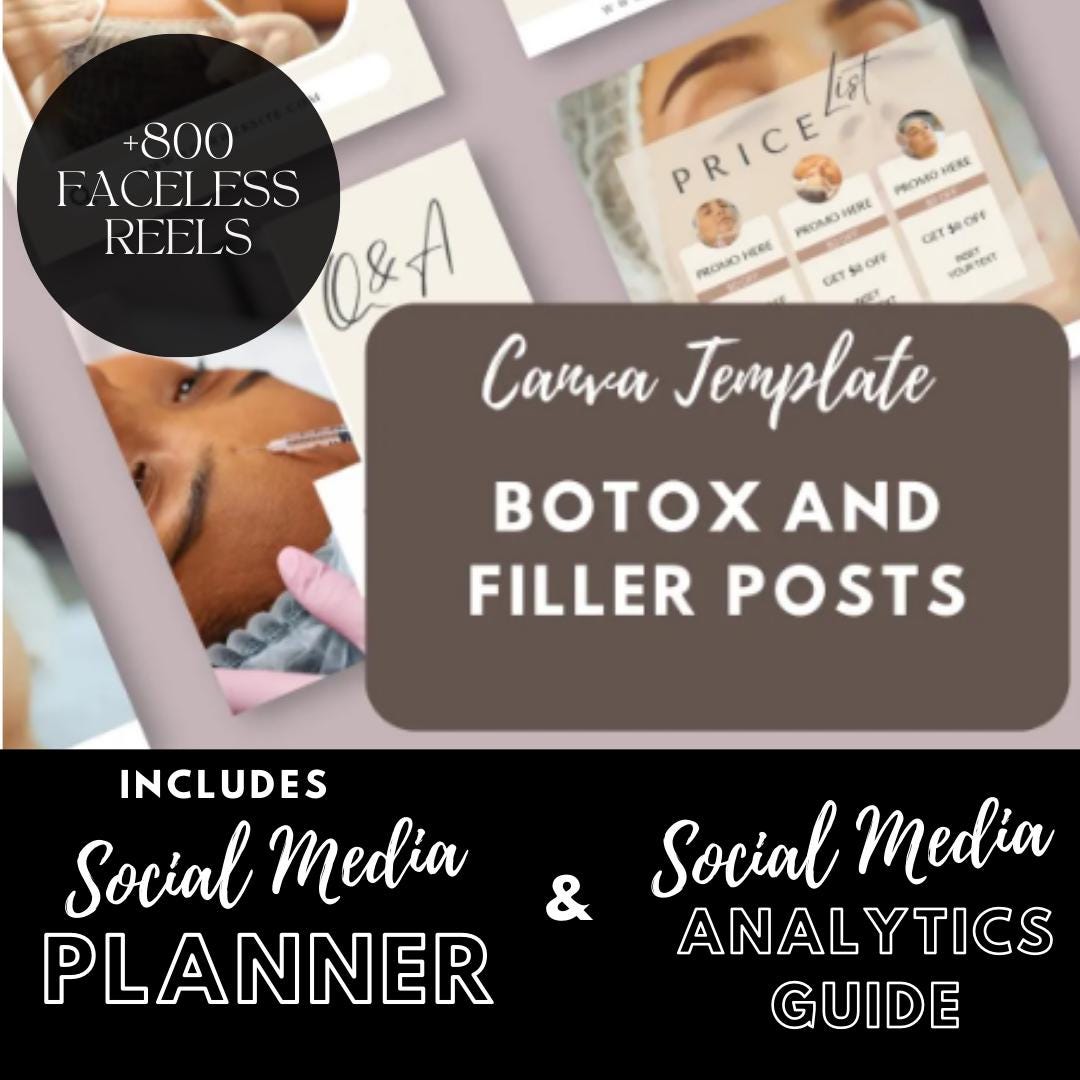 Botox & Filler Social Media Canva Templates | Social Media Planner, Analytics Guide and 800 Faceless Videos | Aesthetic Injector Marketing - Social Canvas