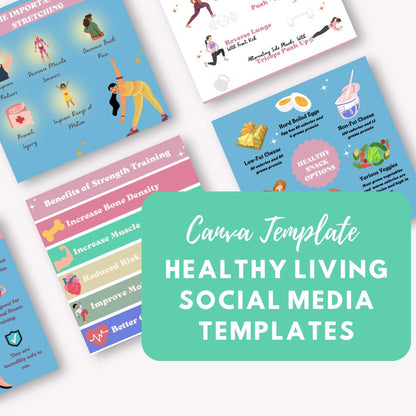 Healthy Living Social Media Templates | Canva Template Bundle for Wellness Tips, Meal Prep Ideas & Hydration Benefits - Social Canvas