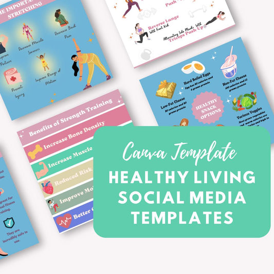Healthy Living Social Media Templates | Canva Template Bundle for Wellness Tips, Meal Prep Ideas & Hydration Benefits - Social Canvas