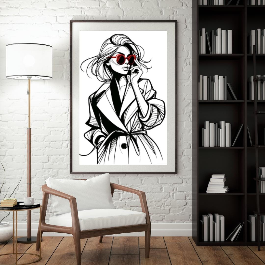 Fashion Icon Sketch - Minimalist Wall Art with Red Sunglasses | Contemporary Figure Line Art Poster Digital Download - Free Bonus Prints - Social Canvas