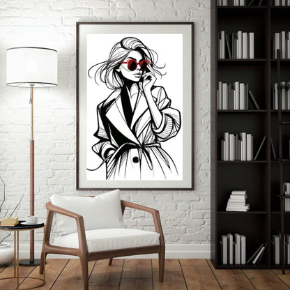 Fashion Icon Sketch - Minimalist Wall Art with Red Sunglasses | Contemporary Figure Line Art Poster Digital Download - Free Bonus Prints - Social Canvas