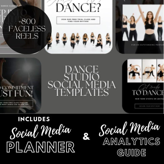 Dance Studio Social Media Template Pack - 30+ | Social Media Planner, Analytics Guide and 800 Faceless Videos | Dance Marketing Kit - Social Canvas