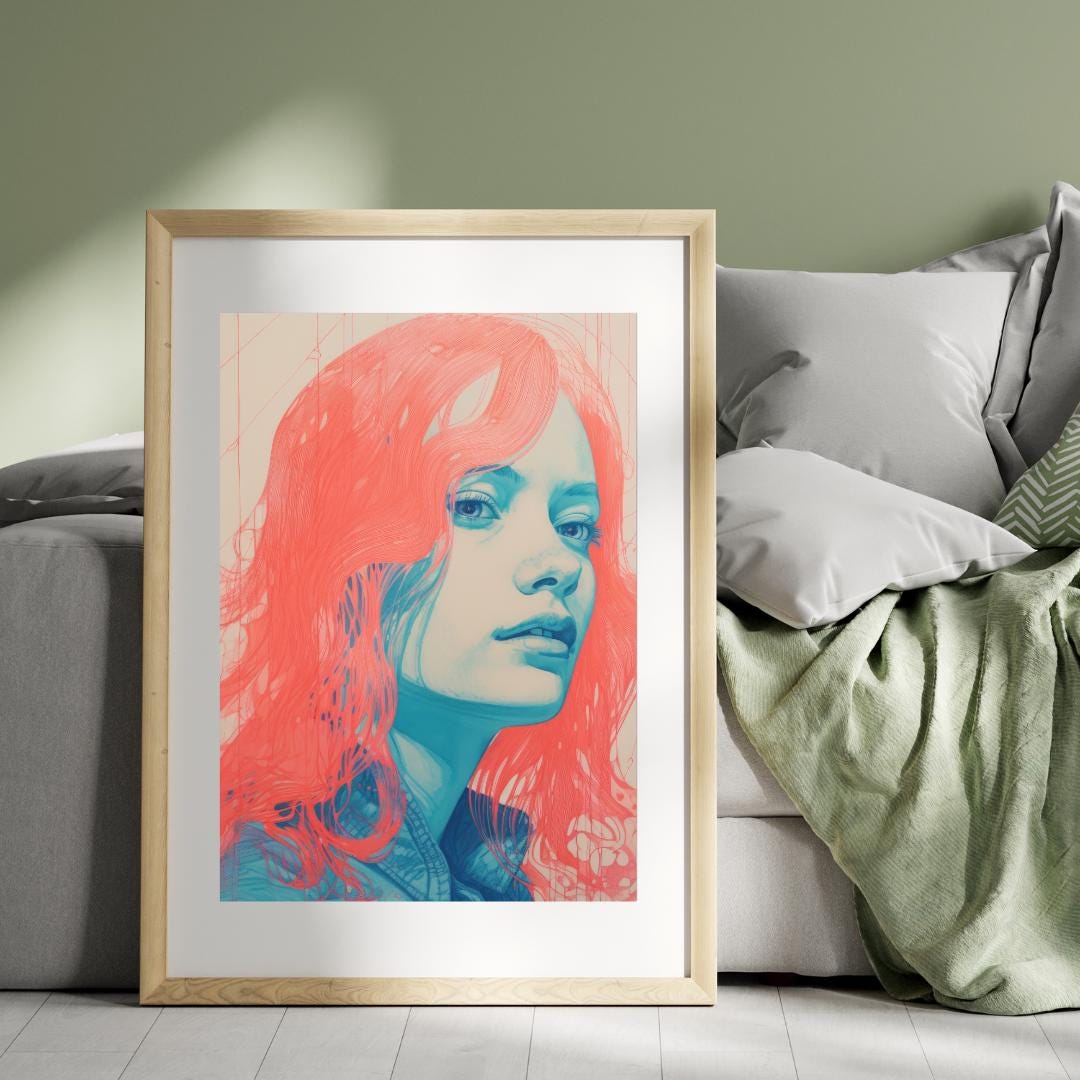 Modern Pop Art Portrait - Vibrant Coral and Aqua Female Illustration - Abstract Wall Decor - Social Canvas