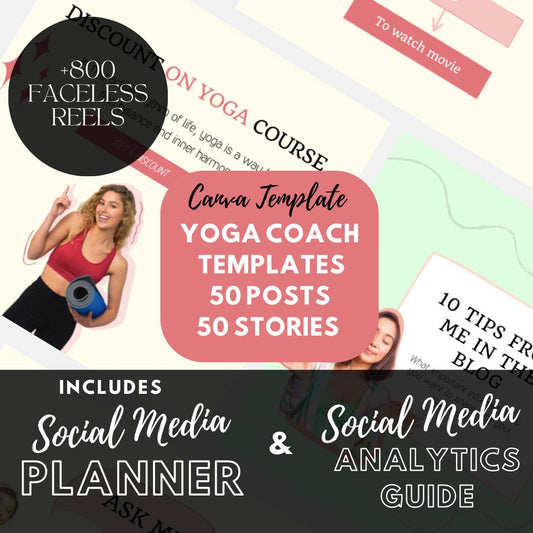 Yoga Coach Canva Templates + 800 Faceless Reels | Social Media Planner & Analytics Guide | 50 Instagram Posts, Stories | Yoga Marketing Kit - Social Canvas